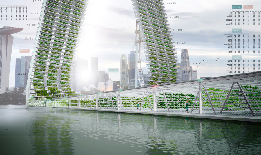 Detailed view of the floating responsive vertical farms
