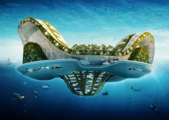 Lilypad by Vincent Callebeaut architects. A floating ecopolis semi submerged view