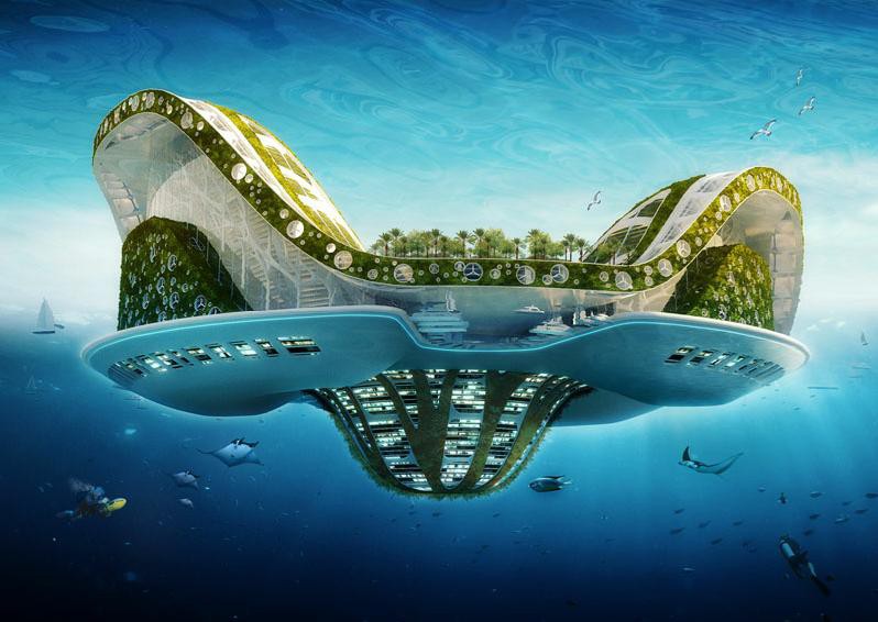 Lilypad by Vincent Callebeaut architects. A floating ecopolis semi submerged view